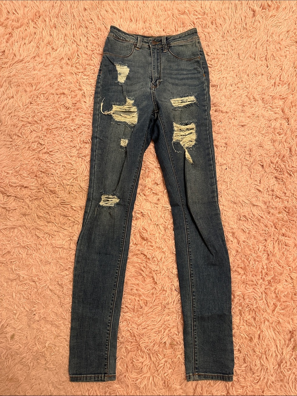High-Rise Distressed Women's Skinny Jeans - Dark Blue